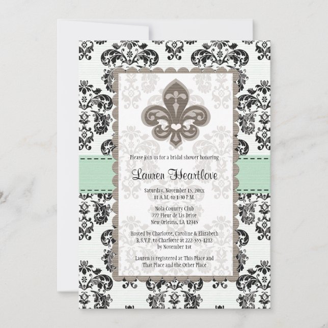 Mint Green Fleur de Lis Bridal Shower Invitations (Front)