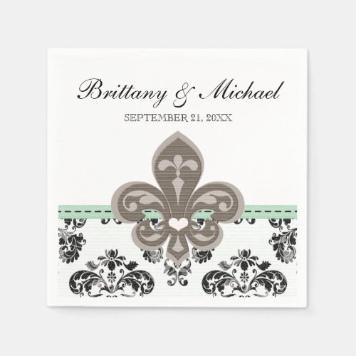 Mint Green Fleur de Lis Wedding Paper Napkins