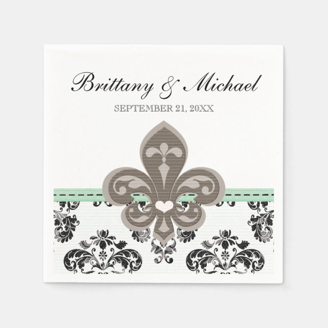 Mint Green Fleur de Lis Wedding Paper Napkins (Front)