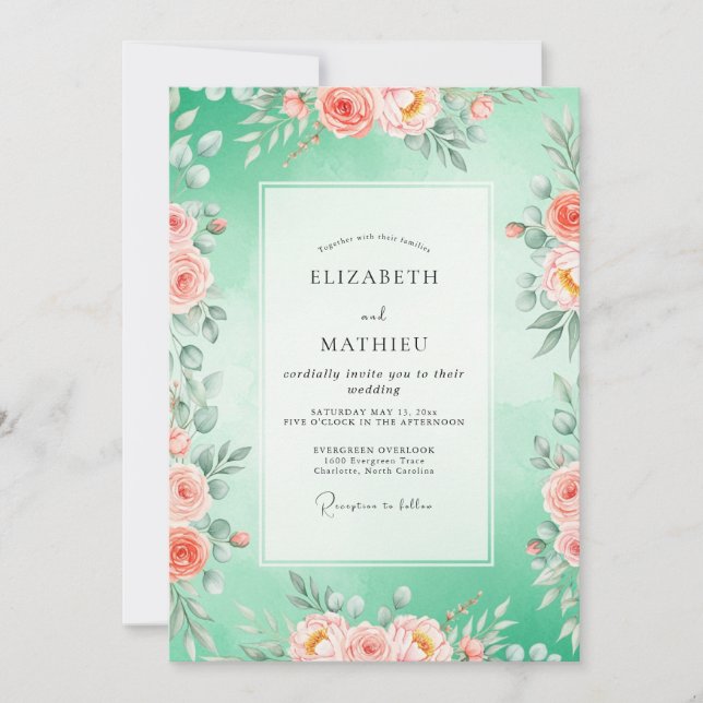 Mint Green Floral Bloom Wedding Invitation (Front)