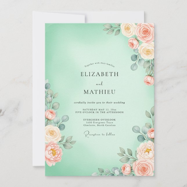 Mint Green Floral Blossom Wedding Invitation (Front)