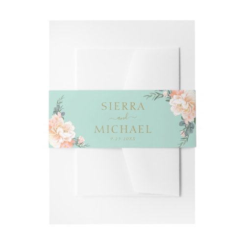 Mint Green Floral Blush Peach Cream Gold Wedding Invitation Belly Band