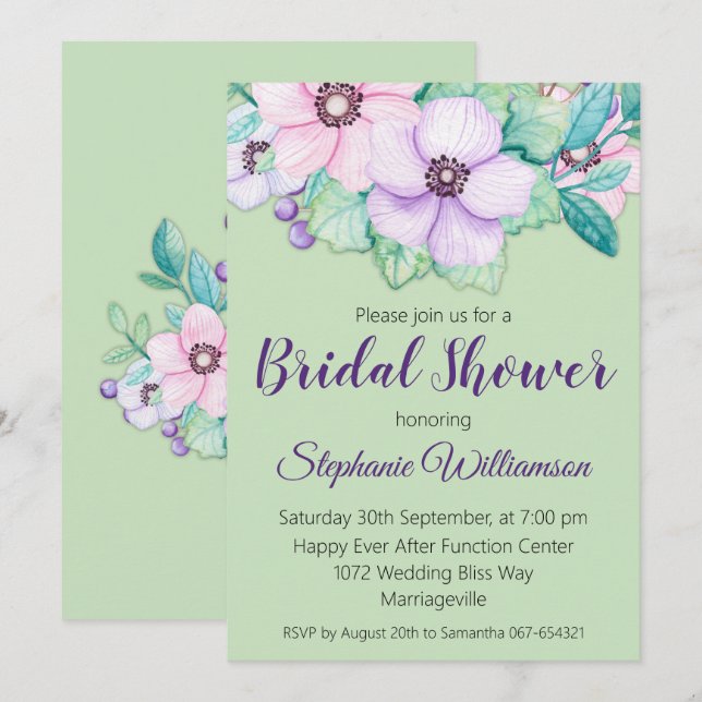 Mint Green Floral Bridal Shower Invitation (Front/Back)