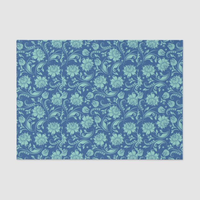 Mint-green Floral Damasks Over Blue Background Tissue Paper (Front)