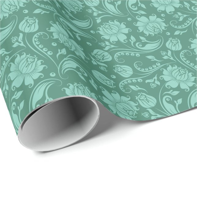 Mint-green Floral Damasks Over Green Background Wrapping Paper (Roll Corner)