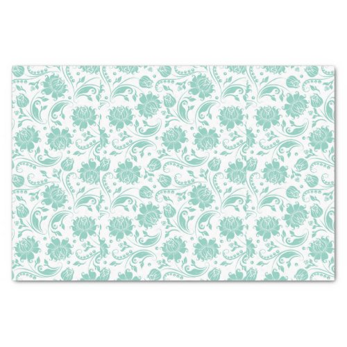 Mint_green Floral Damasks Over White Background Tissue Paper