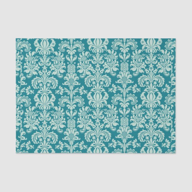 Mint-green Floral Damasks & Turquoise Background Tissue Paper (Front)