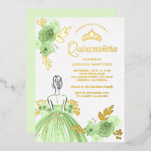 Mint Green Floral Dress Princess Quinceanera Gold Foil Invitation