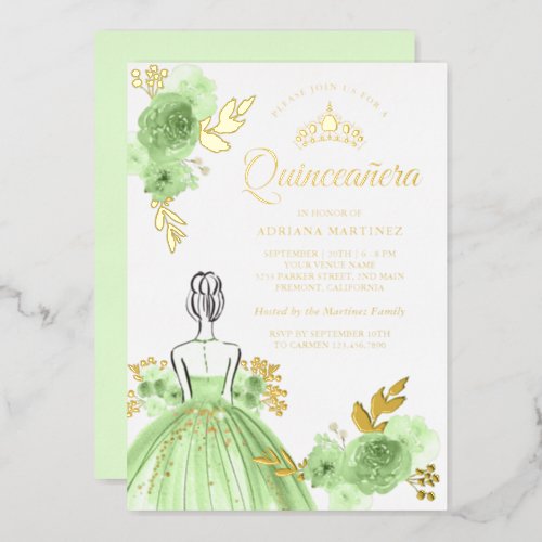 Mint Green Floral Dress Princess Quinceanera Gold Foil Invitation
