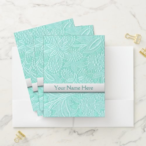 Mint Green Floral Embroidered Look Pocket Folder