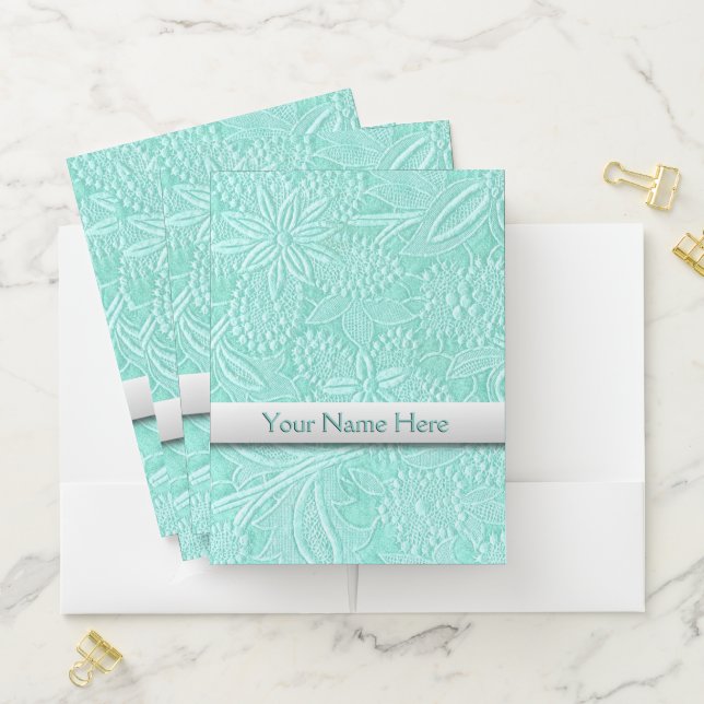 Mint Green Floral Embroidered Look Pocket Folder (In Situ)