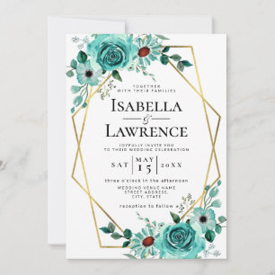 Mint Green Floral Gold Frame Elegant Wedding Invitation