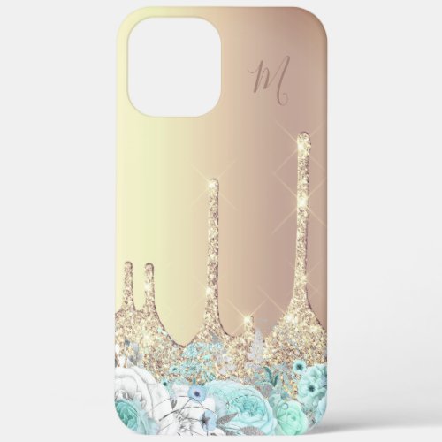 Mint green floral gold glitter drips monogram iPhone 12 pro max case