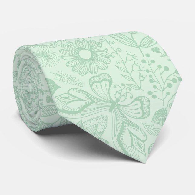 Mint-Green Floral Lace Pattern Neck Tie (Rolled)