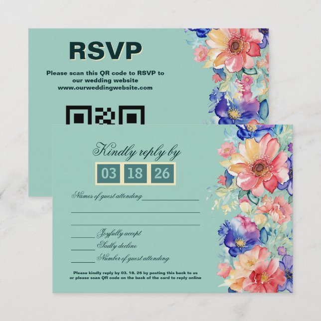 Mint Green Floral Modern Wedding RSVP Card (Front/Back)