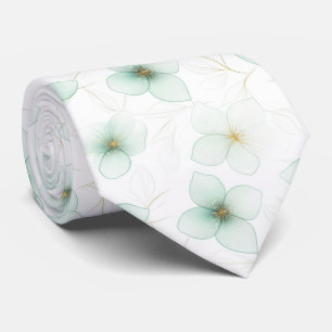 Mint Green Floral Pattern on White Background Neck Tie