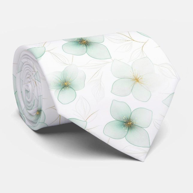 Mint Green Floral Pattern on White Background Neck Tie (Rolled)
