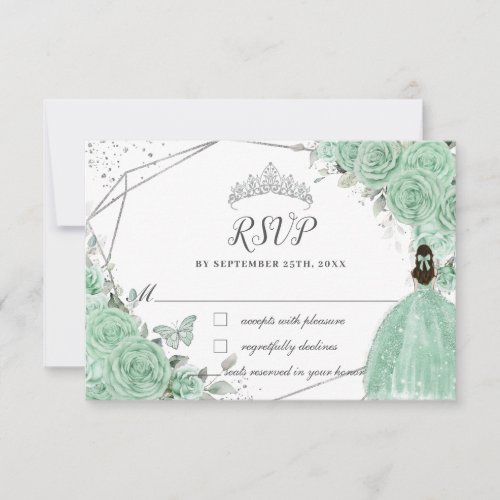 Mint Green Floral Princess Gown Silver Quinceaera RSVP Card