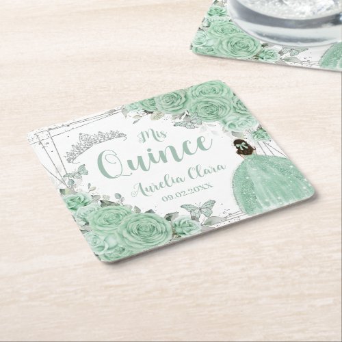 Mint Green Floral Princess Silver Quinceaera Square Paper Coaster