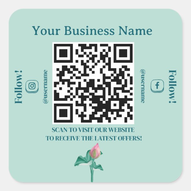 Mint Green Floral QR Code Marketing Square Sticker (Front)