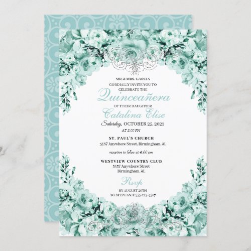 Mint Green Floral Quinceanera Birthday Invitation