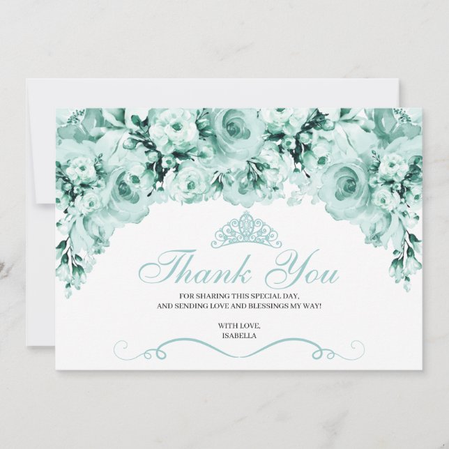 Mint Green Floral Quinceanera Thank You  Card (Front)