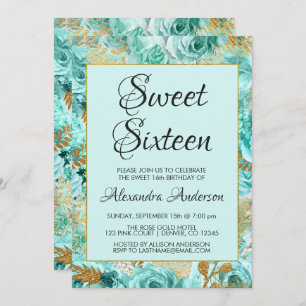 Mint Green Floral Roses Sweet Sixteen Monogram Invitation