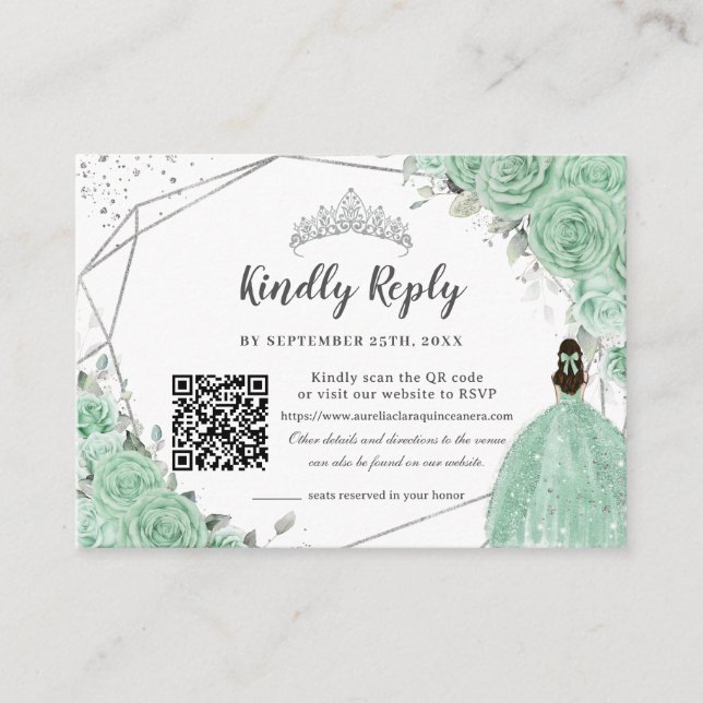 Mint Green Floral Silver Quinceañera QR Code RSVP Enclosure Card (Front)