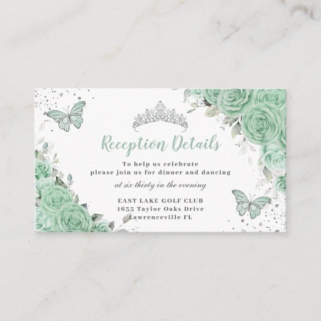 Mint Green Floral Silver Quinceañera Reception Enclosure Card (Front)