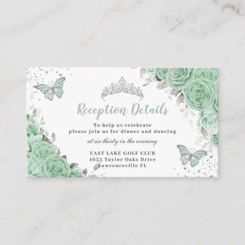 Mint Green Floral Silver Quinceaera Reception Enclosure Card