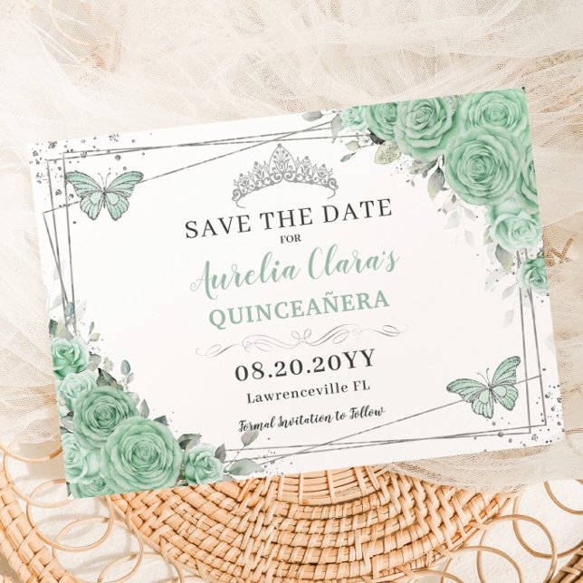 Mint Green Floral Silver Quinceanera XV Sweet 16 Save The Date (Creator Uploaded)