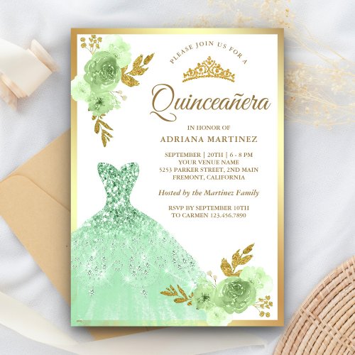 Mint Green Floral Sparkle Dress Gold Quinceanera Invitation