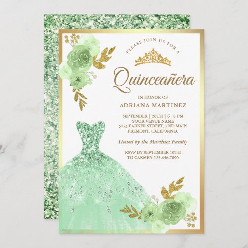 Mint Green Floral Sparkle Dress Gold Quinceanera Invitation