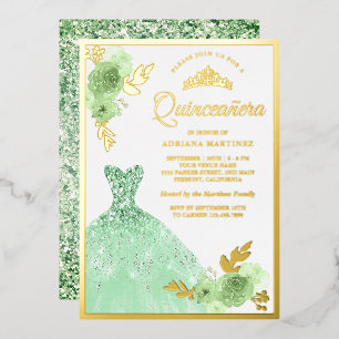 Mint Green Floral Sparkle Dress Quinceanera Gold Foil Invitation