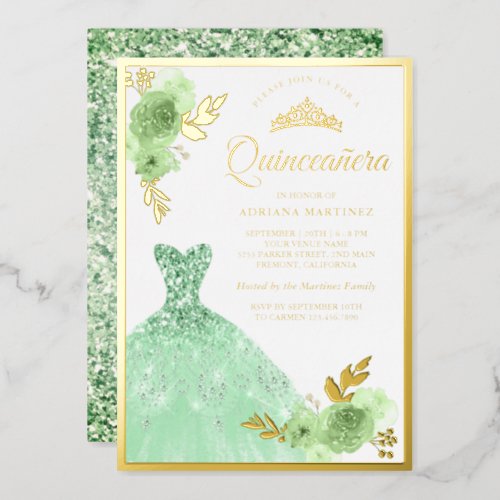 Mint Green Floral Sparkle Dress Quinceanera Gold Foil Invitation