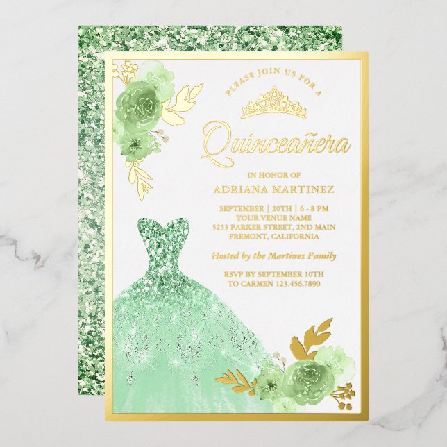 Mint Green Floral Sparkle Dress Quinceanera Gold Foil Invitation (Front/Back)