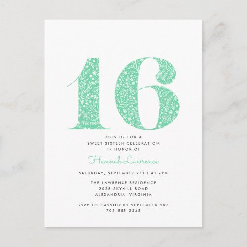 Mint Green Floral Sweet 16 Birthday Invitation Postcard