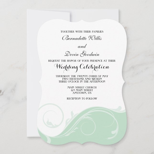 Mint Green Floral Swirl Bracket Wedding Invites (Front)