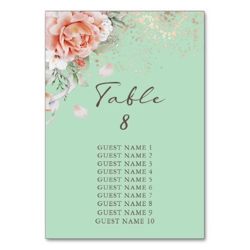 Mint Green Floral Table Number with Guest Names