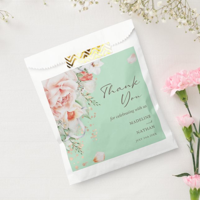 Mint Green Floral Thank You Wedding Favor Bag (Sealed)