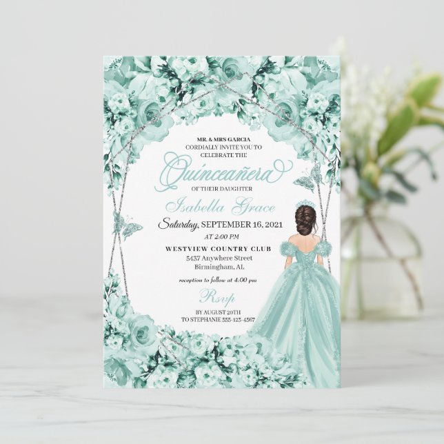 Mint Green Floral Tiara Princess Dress Quinceanera Invitation (Standing Front)