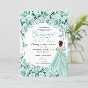 Mint Green Floral Tiara Princess Dress Quinceanera Invitation