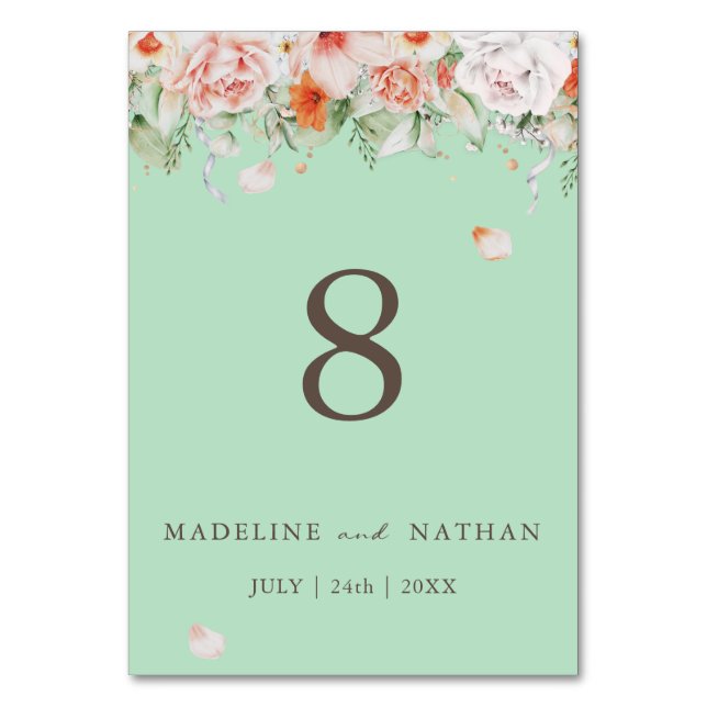 Mint Green Floral Wedding Table Number (Front)