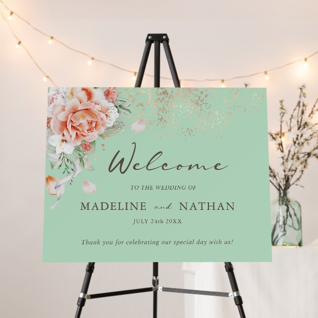 Mint Green & Floral Wedding Welcome Foam Board (In Situ (Stand))