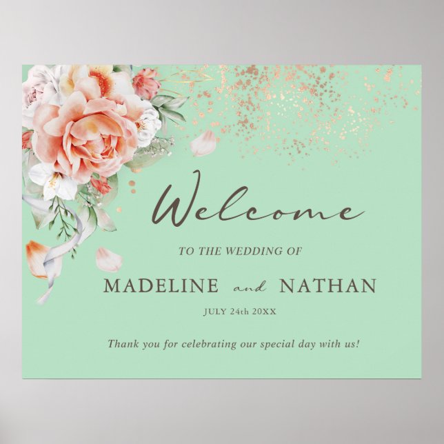 Mint Green & Floral Wedding Welcome Poster (Front)