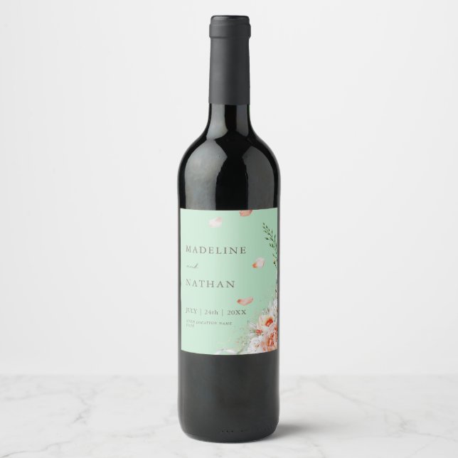 Mint Green Floral Wedding Wine Labels (Front)