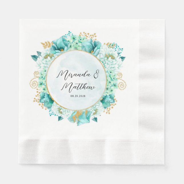 Mint Green Florals and Gold Foliage Wedding Napkins (Front)