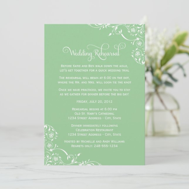 Mint Green Flourish Wedding Rehearsal Invitation (Standing Front)