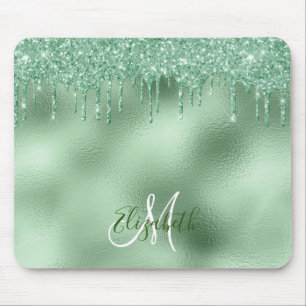 Mint Green Foil Glitter Drip Personalized Monogram Mouse Pad