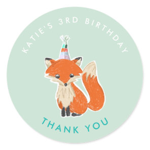 Mint Green Fox Party Hat Woodland Thank You Classic Round Sticker